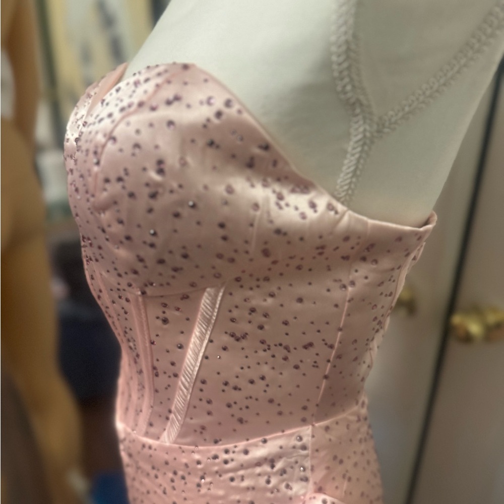 Pink Strapless Dress with Ruffle Detail - Picture 6 of 8